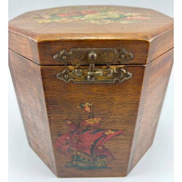 Vintage Lidded Wood Deco Box with Floral Pirate Ship Appliques Brass Closure - Picture 5 of 12